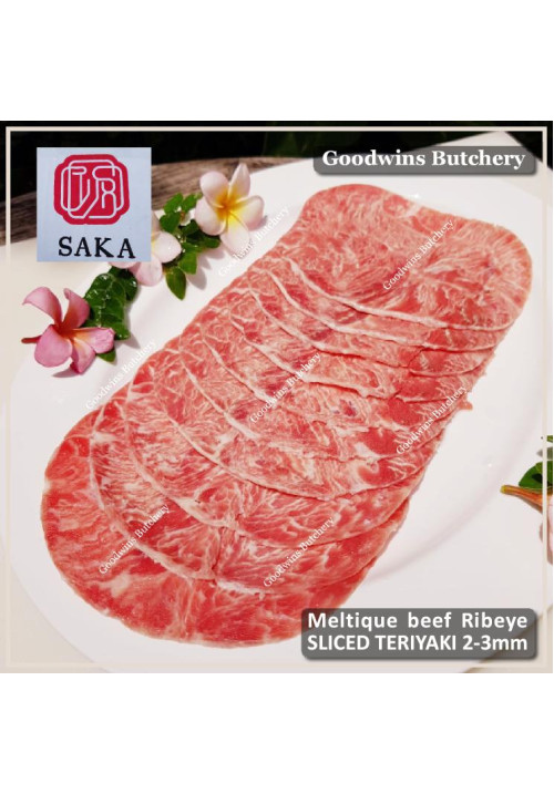 Beef RIBEYE Scotch-Fillet CubeRoll MELTIQUE meltik (wagyu alike) frozen Australia SAKA sliced TERIYAKI 2mm (price/pack 500g)